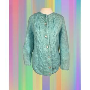 Vintage 50s Famelia Florence Italian Aqua Mohair Wool Cardigan Sweater Size L